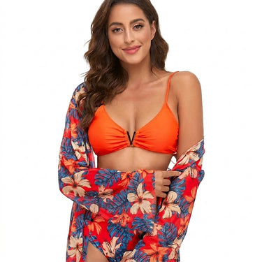 Womens Bikini Set with Floral Print Cover Up and V Hardware Detail Orange