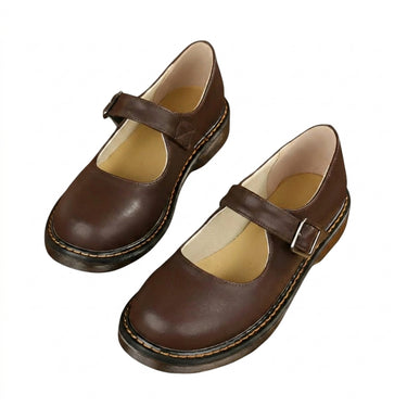 Women’s Buckle Strap Mary Jane Shoes with Contrast Welt Stitching Brown