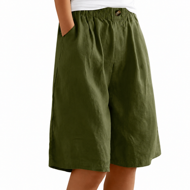 Women's Button Front Elastic Waist Knee Length Shorts Army Green