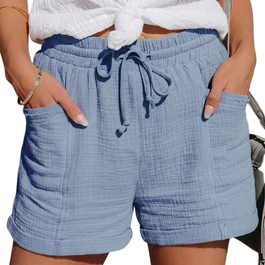 Womens Elastic Waistband Drawstring Shorts with Front Patch Pockets and Cuffed Hems Light Blue