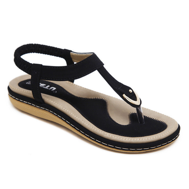 Women’s Flat Sandals with T-Strap and Metal Detail Black