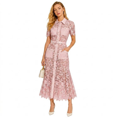 Women's Floral Pattern Button Front Midi Dress with Short Sleeves and Belted Waist Pink