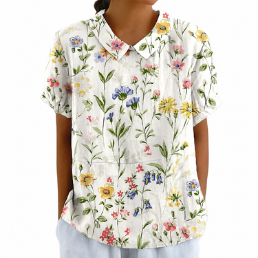 Women's Floral Print Short Sleeve Peter Pan Blouse White