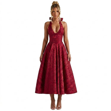 Womens Halter Neck Deep V Bodice Flared Midi Dress Red
