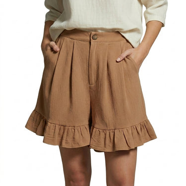 Women's High Waisted Pleated Shorts with Ruffle Hem and Side Pockets Khaki