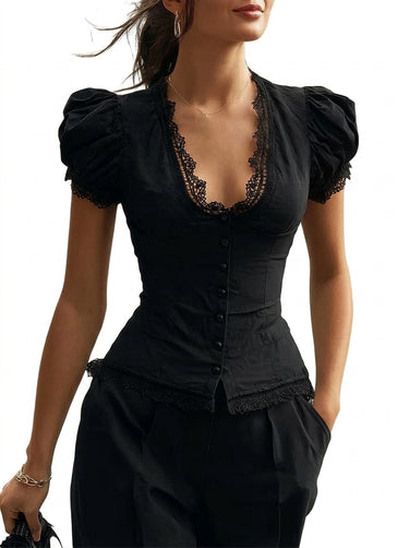 Womens Lace Trim Puff Sleeve Button Down Blouse Black