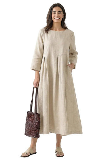 Women's Linen Bateau Neck Pleated Midi Dress Natural Linen