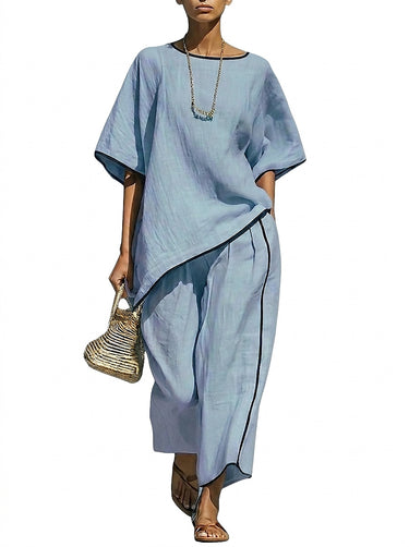 Women's Linen Co-Ord Set with Contrast Piping Sky Blue