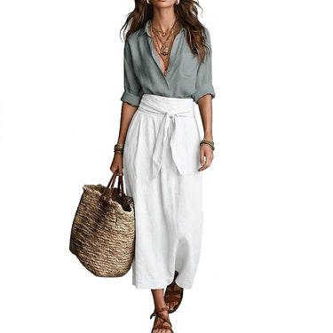 Women's Linen Shirt and Tie-Waist Maxi Skirt Set Grey White