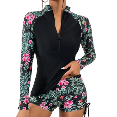 Womens Long Sleeve Front Zip Floral Rashguard Swimsuit Tropical Pink