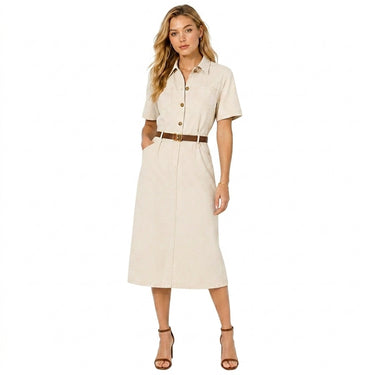 Womens Midi Length Short Sleeve Button Down Shirt Dress with Belt and Pockets 1