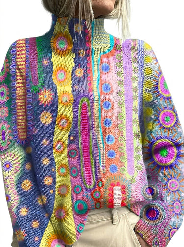 Women’s Mock Neck Knit Sweater with Abstract Pattern-Sweaters for Women-CaldwellVoss