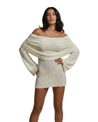 Women's Off Shoulder Long Sleeve Mini Dress with Draped Collar and Flared Cuffs White