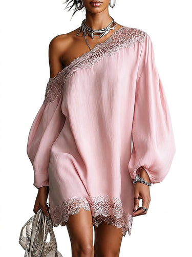 Women’s One-Shoulder Lace Trim Satin Mini Dress Pink