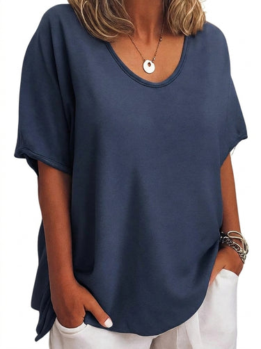 Women's Oversized V-Neck T-Shirt with Cuffed Short Sleeves Navy Blue