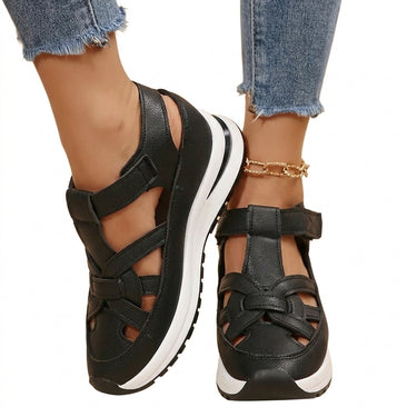 Women's Platform Cut-Out Sandals with Hook-and-Loop Strap Black