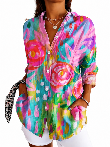 Women's Printed Button Down Shirt with Front Pockets Pink