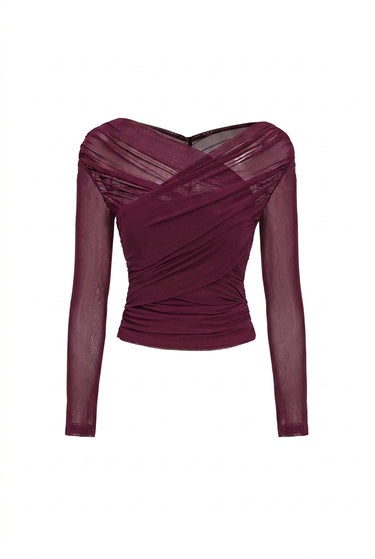 Women's Ruched Mesh Long Sleeve Cropped Top Burgundy