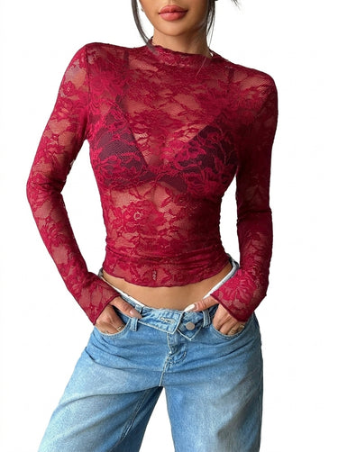 Women's Sheer Floral Lace Mock Neck Long Sleeve Top Bordeaux