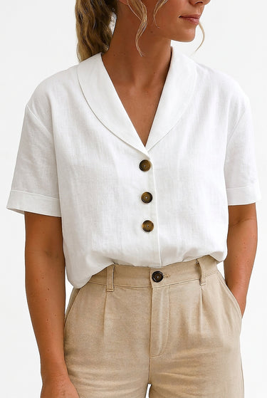Women's Short Sleeve Linen Shirt with Notched Collar White