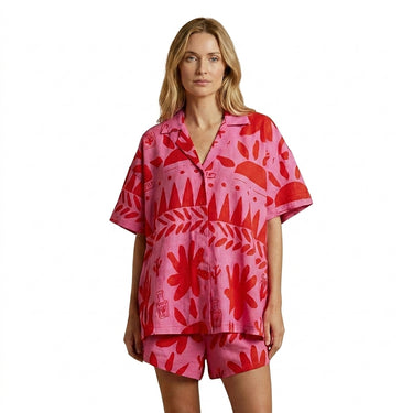Womens Short Sleeve Shirt and Shorts Set with Abstract Print Pink