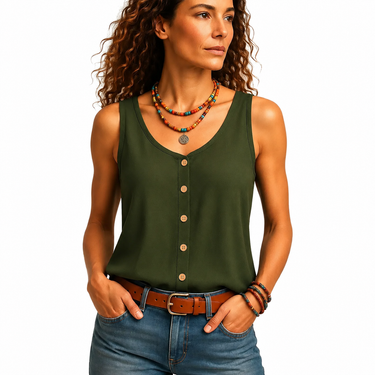 Women’s Sleeveless V Neck Top with Front Buttons and Rounded Hem 1