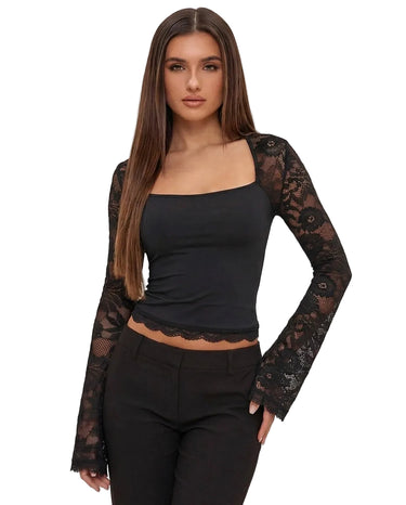 Women’s Square Neck Lace Sleeve Top Black