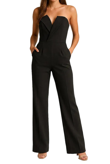 Women's Strapless Notched Neckline Wide-Leg Jumpsuit Black