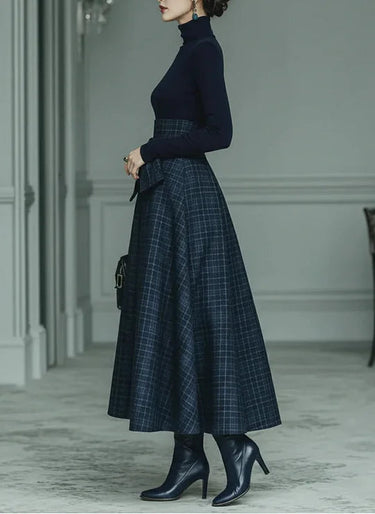 Women’s Turtleneck Top and Plaid Maxi Skirt Set-Skirt for women-CaldwellVoss
