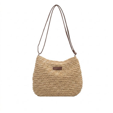 Womens Woven Texture Shoulder Bag With Double Straps And Front Patch Beige