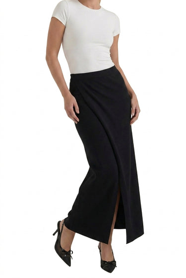 Women's Wrap Design Maxi Skirt with Overlap Front and Side Slit Black