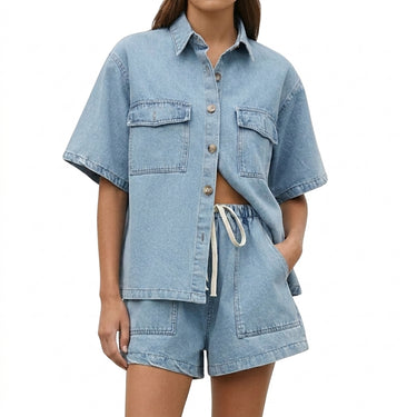 Womens short sleeve button down shirt and drawstring waist shorts set with chest and patch pockets Light Blue