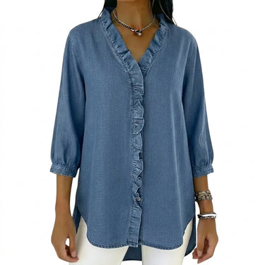 Women's Ruffle Trim V-Neck Blouse with 3/4 Sleeves and Curved Hem | imported-image-1