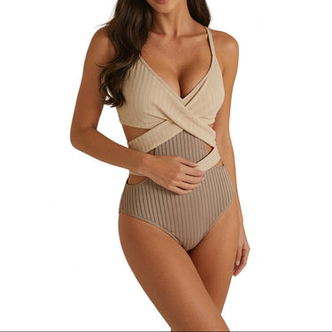 Women's Ribbed One-Piece Swimsuit with Crossed Waistband and Side Cut-Outs | imported-image-1