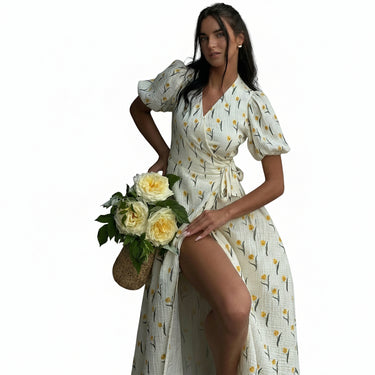 Women's Floral Print Puff Sleeve Midi Wrap Dress | imported-image-1