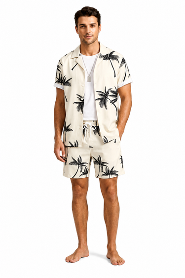 Men’s Camp Collar Palm Print Shirt and Shorts Set-Sets for Men-CaldwellVoss