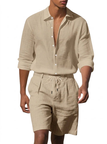 Men's Linen Shirt and Shorts Co Ord Set Beige