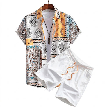 Men's Printed Shirt and Drawstring Shorts Set Yellow