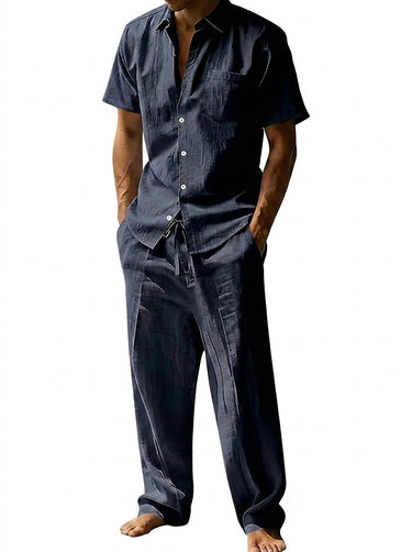 Men’s Short Sleeve Shirt and Wide Leg Pants Navy Blue