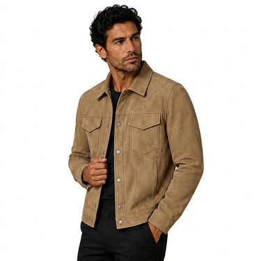 Men’s Suede Trucker Jacket with Snap Closures-Jackets for men-CaldwellVoss