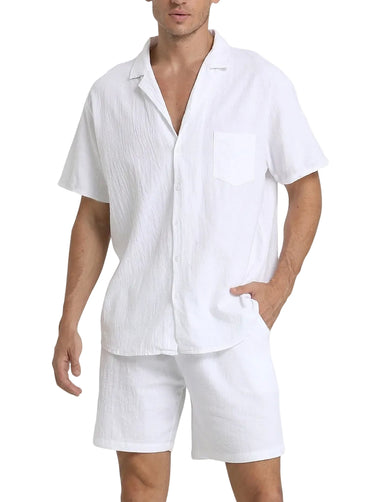 Men's Textured Woven Shirt and Shorts Set White