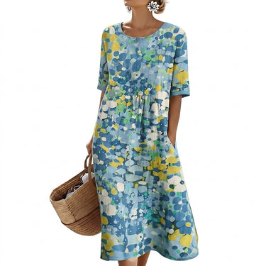 Women's Abstract Floral Short Sleeve Midi Dress Blue