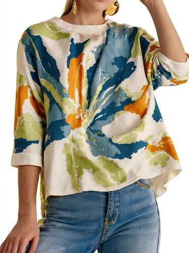 Women's Abstract Print Round Neck Top Colorful