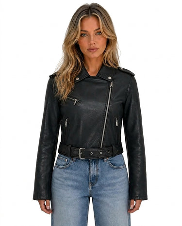 Women’s Biker Jacket with Asymmetric Zip and Belt-Jacket for women-CaldwellVoss