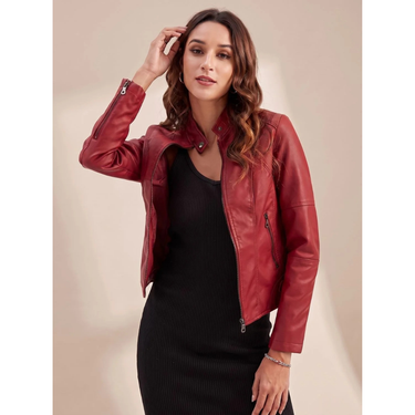 Women’s Biker Jacket with Stand Collar and Zip Closure-Jacket for women-CaldwellVoss