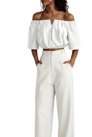Women's blouse off-the-Shoulder V-Notch Half Sleeve Gathered Crop Top-Tops for women-CaldwellVoss