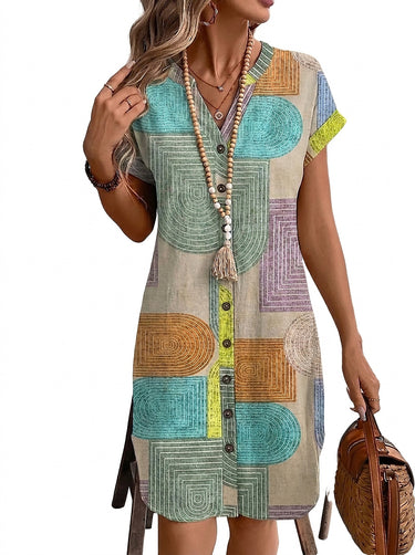 Women’s Button-Front V-Neck Geometric Print Dress-Mini Dress-CaldwellVoss