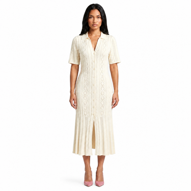 Women’s Collared Button-Front Ribbed Midi Dress-Midi Dress-CaldwellVoss