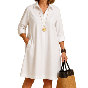 Women’s Collared Button Placket Knee-Length Dress with Long Sleeves and Side Pockets-Mini Dress-CaldwellVoss