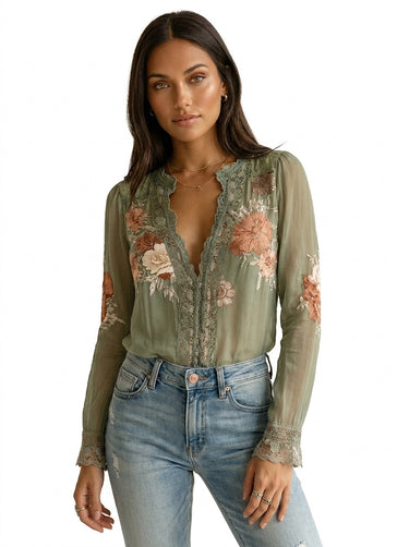 Women’s Embroidered Chiffon Blouse with Lace Trim-Blouses for women-CaldwellVoss